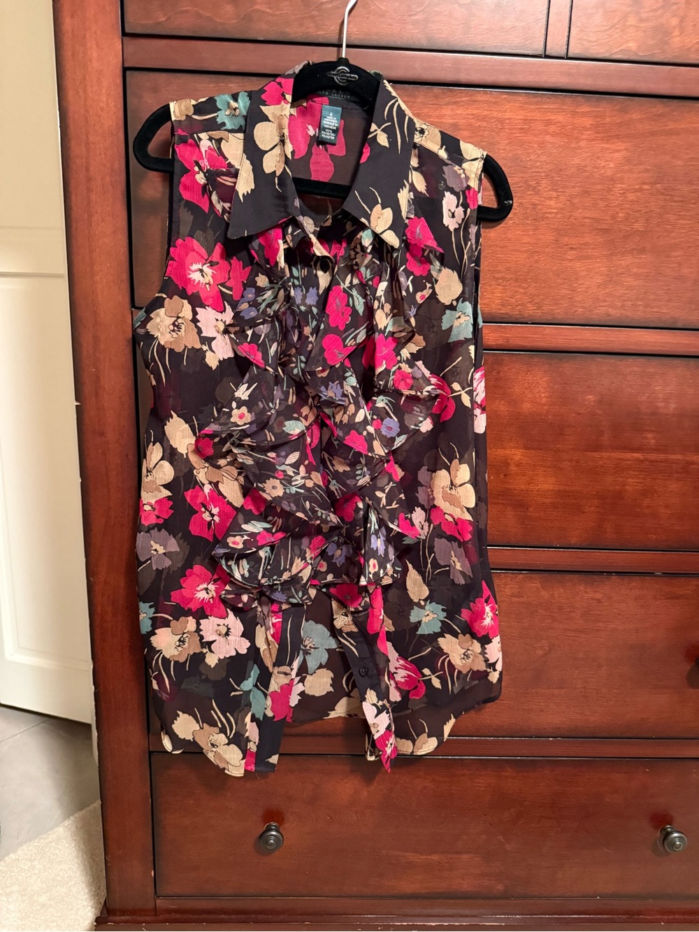 Ralph Lauren Black Sleeveless Ruffle Floral Blouse with Pink & Cream Flowers
